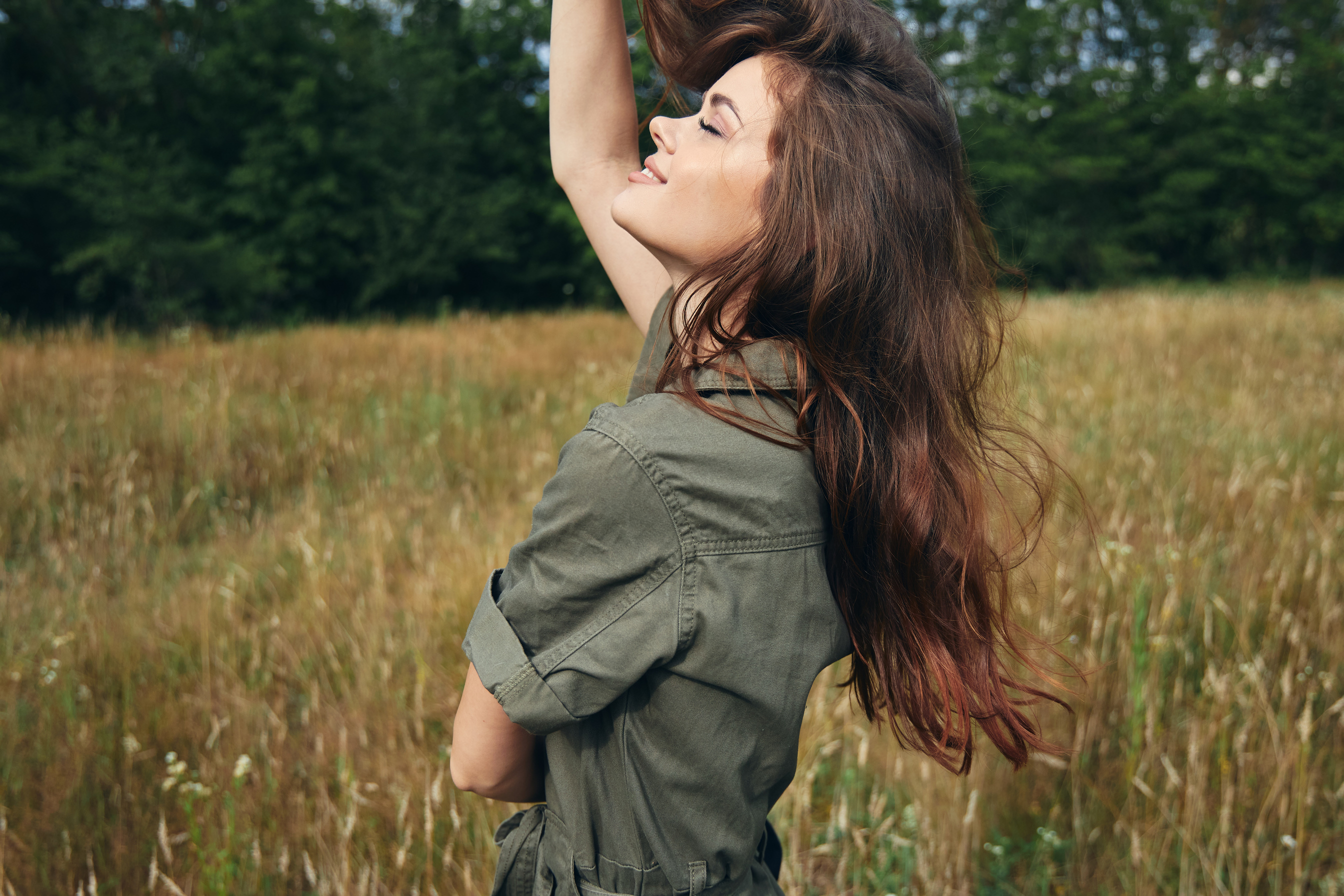 Woman with Closed Eyes Fresh Air Nature Walk Green Leaves